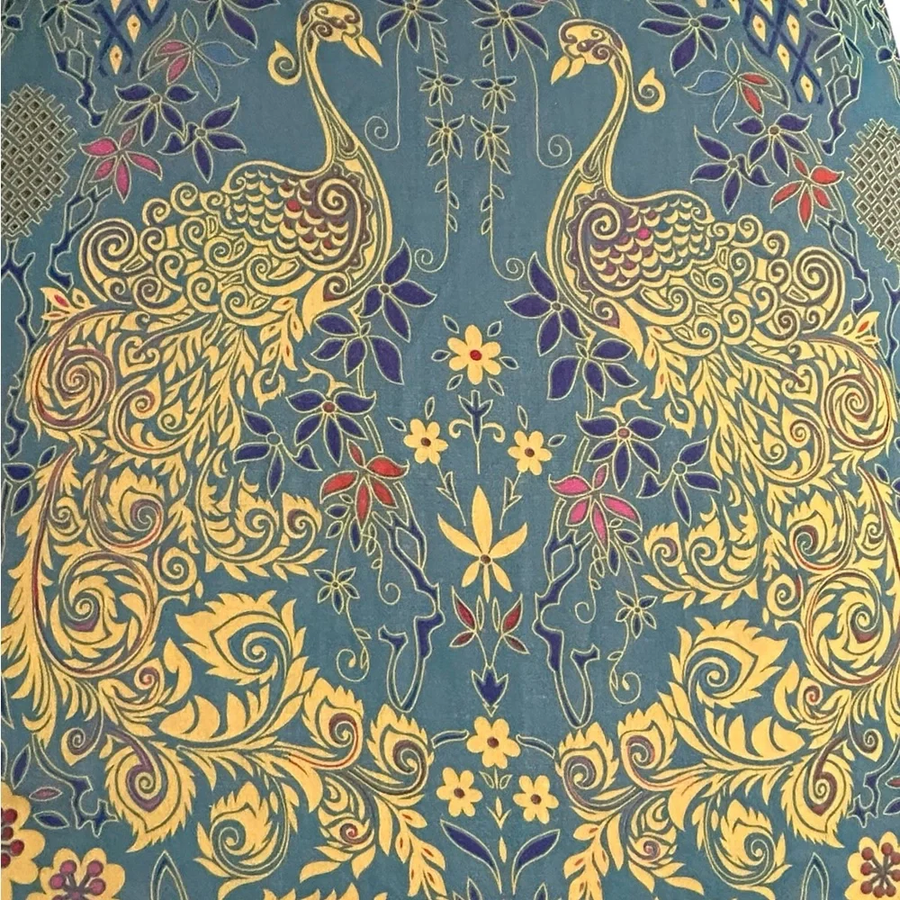 Liang Dian Silk Blend Rectangular Teal & Gold Peacock Scarf - 20” x 59”